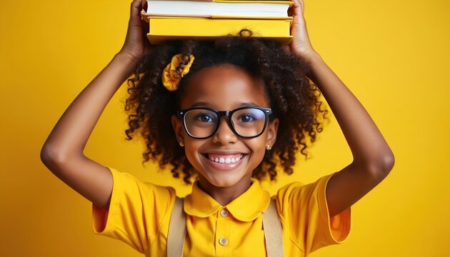 Smiling cute black schoolgirl holds books over head on yellow background. Student girl wears glasses, shirt, suspenders. Back to school concept, smart pupil portrait. Cheerful schoolkid with