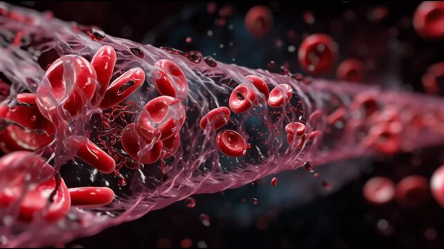 Atherosclerosis  plaque buildup. Artery blockage. Cholesterol cardiovascular. Vascular disease circulation. Close-up view of red blood cells flowing through a blood vessel.