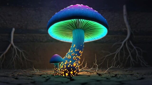 Glowing psychedelic mushroom illustration in a fantasy environment with fantastical ambiance