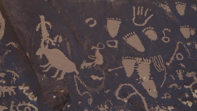 A close up panning shot of petroglyphs at Newspaper Rock near Canyon Lands National Park, Utah