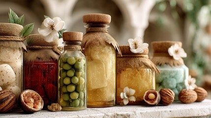 A collection of glass jars filled with various preserved foods, decorated with natural elements like flowers and nuts, suggesting a rustic and artisanal approac