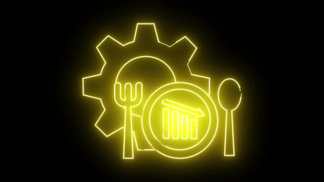 Yellow neon gear fork spoon and declining graph on black