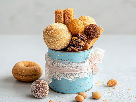 A collection of various sweet pastries and cookies are arranged in a decorative blue tin can, with some scattered around the surface.