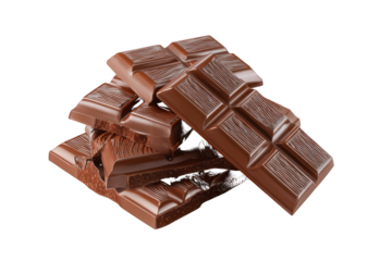 Stack of broken milk chocolate bars candy isolated on a transparent background