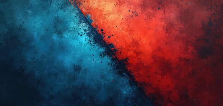 Abstract blue, red grunge background with diagonal line. Contrasting colors with splatter, grunge effect. Modern dynamic backdrop with competitive elements. Versatile design for sports, contests,