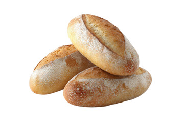 Three freshly baked golden brown bread rolls with flour dusting neatly stacked