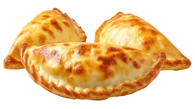 Three perfectly baked golden empanadas, featuring beautifully browned crusts and crimped edges, rest on a plain black background