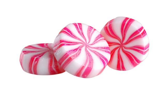 Three Pink and White Swirl Hard Candies on Black candy isolated on a transparent background