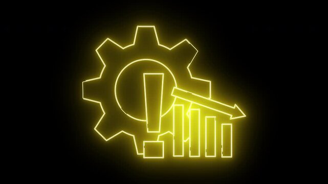 Yellow neon drawing of cogwheel bars and arrow against a black background