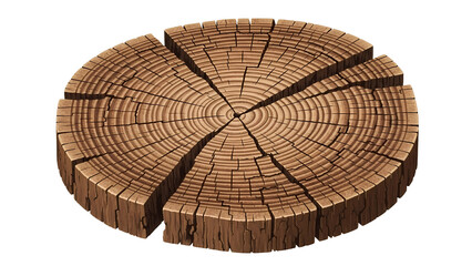 Crosssection of a tree trunk with annual rings cut into segments isolated on transparent background 