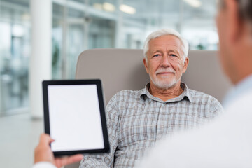 Pov of doctor showing blank tablet screen to senior male patient