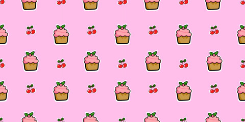 Cute seamless vector pattern with cupcakes and cherries in a dessert theme design.