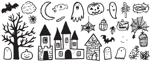 Set of cute Halloween doodle clip art, vector lines, simple shapes, icons for coloring book, vector line drawings of spooky Halloween characters and objects such as ghost letters, mummy face mask, pum