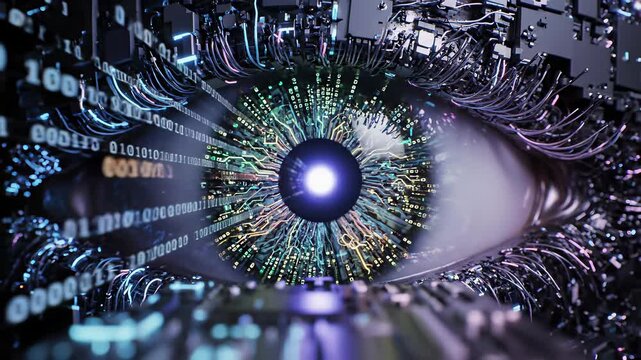 Computer Eye Reveals Intricate Digital Patterns and Data Processing Complexity, Perfectly Capturing the Cutting Edge Technology Concept for Use in Futuristic Themed Advertising or Corporate.