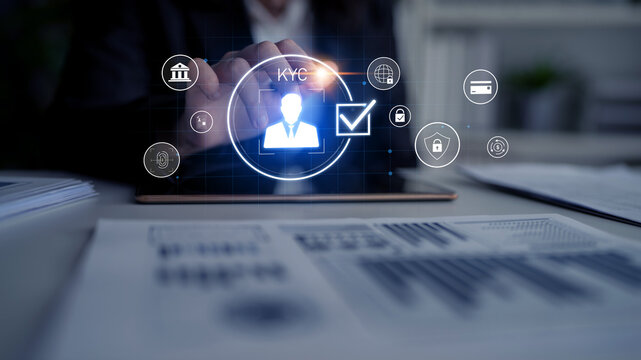 Digital KYC verification with biometric scan, ID authentication, and financial security icons representing identity verification, secure onboarding, fraud prevention, and compliance Latch - Powered by Adobe