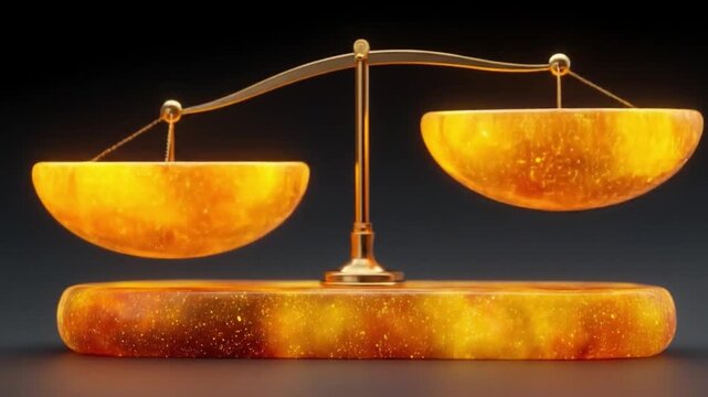 Golden scales of justice on dark background representing balance