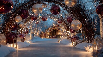 Stunning reflective archway decorated with oversized Christmas ornaments and twinkling lights in a winter walking path