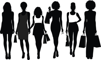 Fashionable women shopping silhouettes, stylish female figures with bags, retail lifestyle, consumerism, modern fashion, urban scene, diverse clothing styles