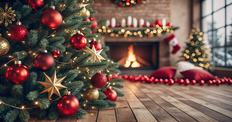 Warm Holiday Interior with Red Christmas Decorations