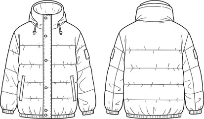 Technical fashion sketch, puffer jacket front and back, quilted coat design, winter outerwear, garment construction, apparel illustration, hooded silhouette