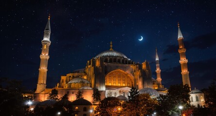A large, illuminated religious building with minarets under a starry, crescent moon night sky