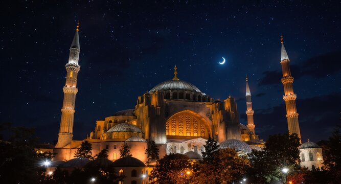 A large, illuminated religious building with minarets under a starry, crescent moon night sky