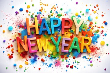 Joyful Happy New Year Celebration Design with Colorful Typography Scattered Confetti and Paint Splashes on White Background Creating a Cheerful and Festive Greeting Card Image
