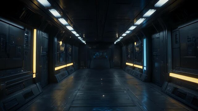 Dimly lit, sci-fi corridor featuring white ceiling lights, yellow accents, and geometric metal paneling along the walls