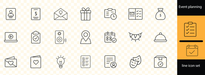 Event planning set of web icons in linear style. Event organization icons for web and mobile app. Management, wedding, entertainment, catering, invitations, catering, coordination.