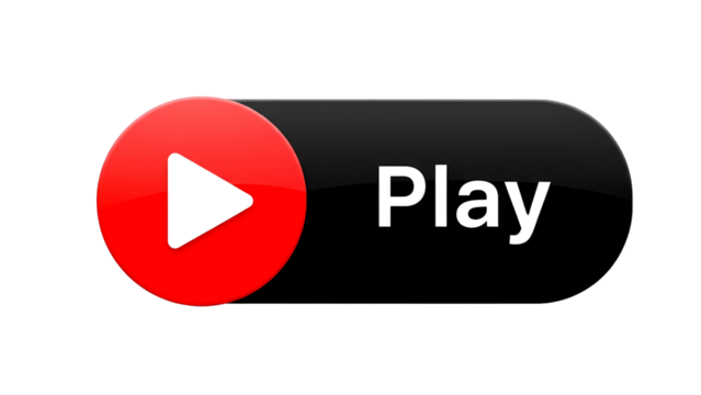Play button with a red triangle icon on a black rounded rectangle, isolated on transparent background 