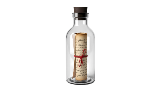 Rolled up message or treasure map inside a clear glass bottle with a cork stopper isolated on transparent background 