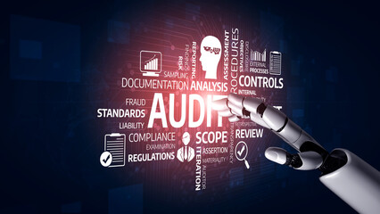 A futuristic robotic hand interacts with icons and keywords related to auditing. This graphic represents the blend of technology and finance in a modern corporate setting. Tessel