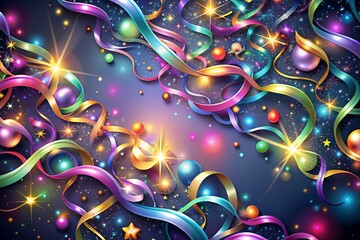 Festive Confetti and Ribbons Creating Vibrant Celebration Scene with Sparkling Ornaments and Colorful Decoration Elements Against Dark Background Exuding Joy and Excitement for Holiday Season