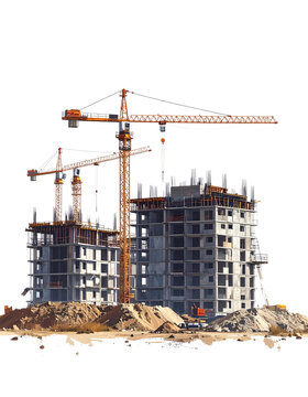 Towering construction cranes lifting materials for modern skyscraper development project