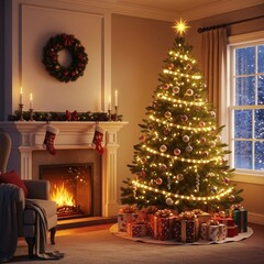 Christmas tree with golden lights by fireplace in modern living room with gifts stockings and decorations for xmas holiday greeting card background festive home interior seasonal celebration scene
