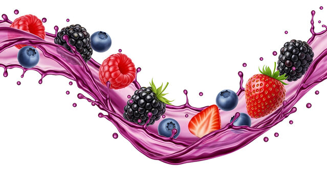 Dynamic purple juice splash with fresh mixed berries, healthy fruit isolated on transparent background 