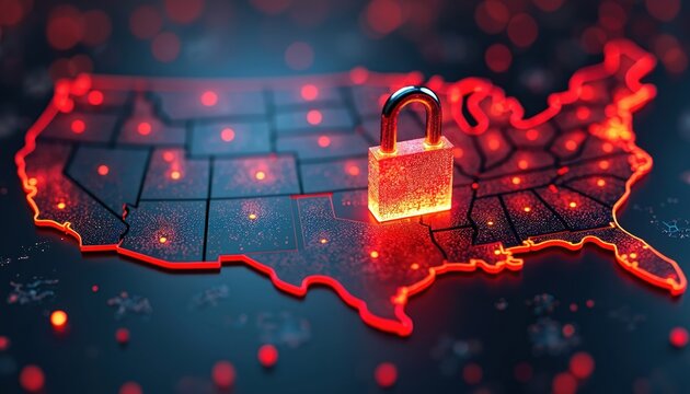 United States map with red outline, glowing padlock. Map of America with protection symbol. Cyber security concept for national safety. Protection of US data, privacy. Secure US network,