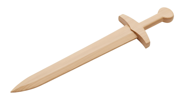 Handcrafted wooden toy sword for childrens play, isolated on transparent background 