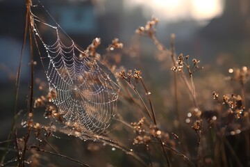 A dewy spiderweb hangs between dry plants in soft morning light.