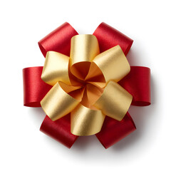 Red and Gold ribbon on white background. Top view of bow