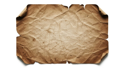 Vintage grunge background a highly crumpled and dirty old brown paper sheet with rough texture, scratches, and curled edges, isolated on white.
