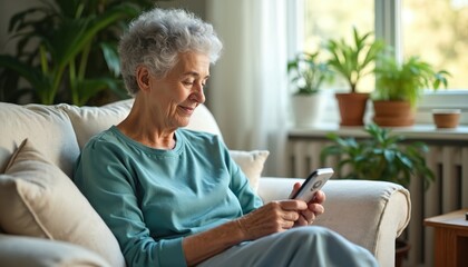Elderly woman with gray hair uses smartphone on sofa. She smiles while sitting indoors near window and houseplants. Peaceful domestic scene, relaxed elder enjoying tech.
