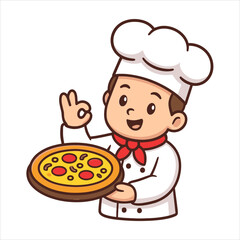 Cartoon Chef Holding Pizza with OK Gesture Wearing Red Scarf and Chef Hat.