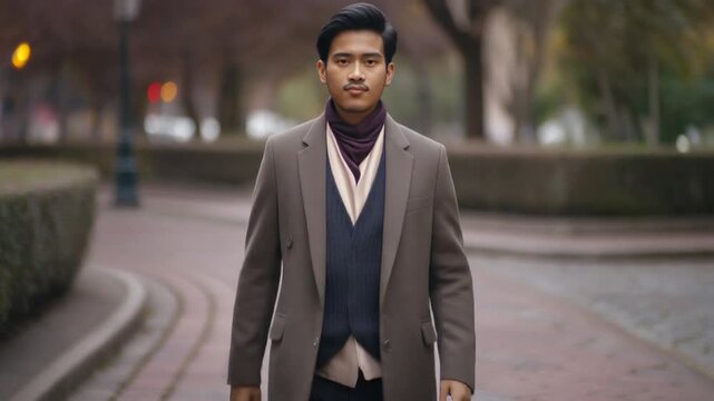 Stylish young man confidently walking on a brick road in the city, autumn fashion and modern urban lifestyle, capturing a moment of contemporary elegance