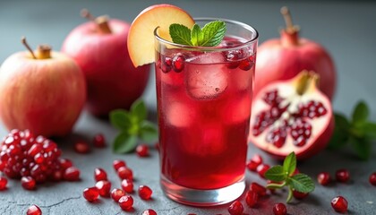 Glass of cold pomegranate apple drink with ice garnished with mint, apple slice. Whole, cut pomegranates, arils, mint leaves scattered around. Refreshing summer beverage, healthy fruit juice.