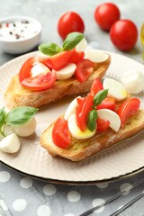 Tasty bruschettas with mozzarella cheese, tomatoes and basil on grey table, closeup