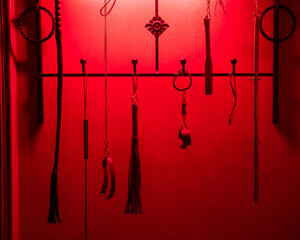 Collection of BDSM toys, whips in red light. 