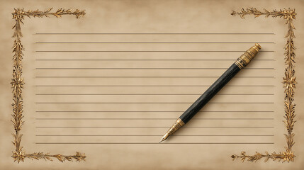 Vintage lined paper with golden floral border and elegant fountain pen on aged textured background.