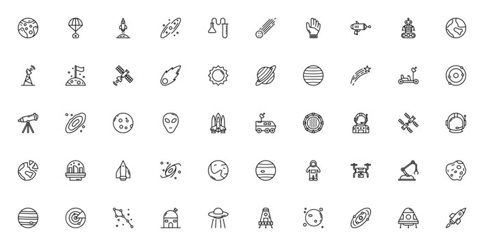 Space icon set. Vector illustration. Includes Mars, ocket, Galaxy, Astronaut, atellite, Black Hole, UFO,Solar System and more. Ediable stroke.
