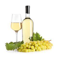 Fototapeta premium Luxurious white wine in bottle, glass and grapes isolated on white